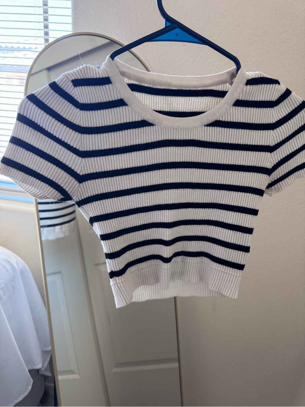 White & Navy Striped Knit Crop Top